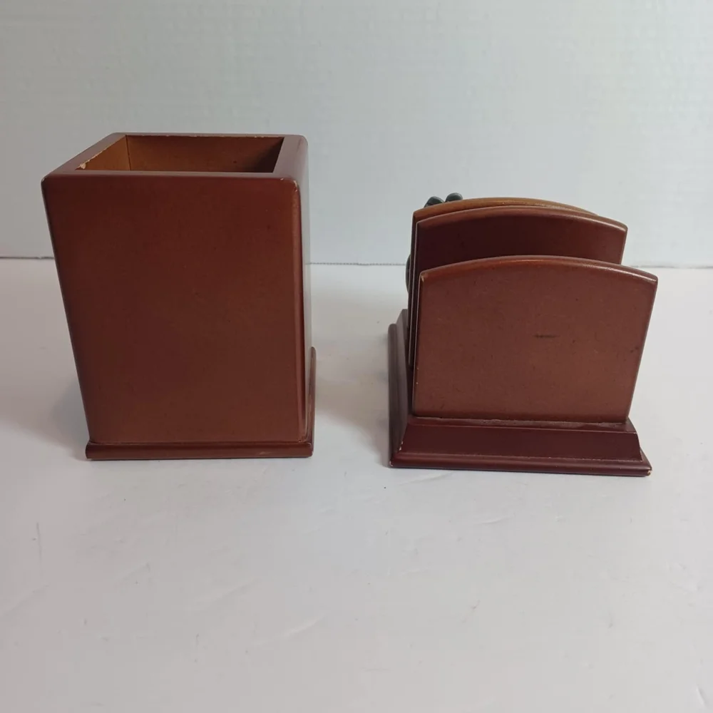 Vtg Desktop‎ Wood and Pewter Mail Organizer And Pen Holder Golf Theme Gift Set